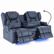 69'' 2-Seater Power Recliner Loveseat, Blue PU Leather Home Theater Reclining Sofa with 8-Point Vibration Massage, Lumbar Heating, Bluetooth Speakers, LED Ambient Light, 360° Phone Holders 2 Lumbar Pillows Cup Holders & USB Charging, 700LBS Capacity