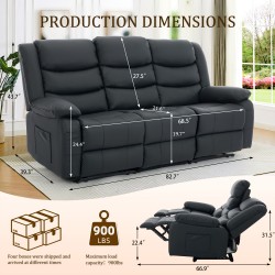 Oversized Heated Massage Recliner Sofa with Manual Adjustable Console & Massage System, 3-Seater Suitable for Family Use, Corded Control, Plug-and-Play, Front/Side Storage Pockets, -Type Outlet Compatible for Living Room